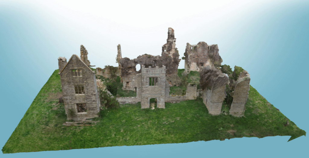 a screenshot of a 3d model of a ruined manor house
